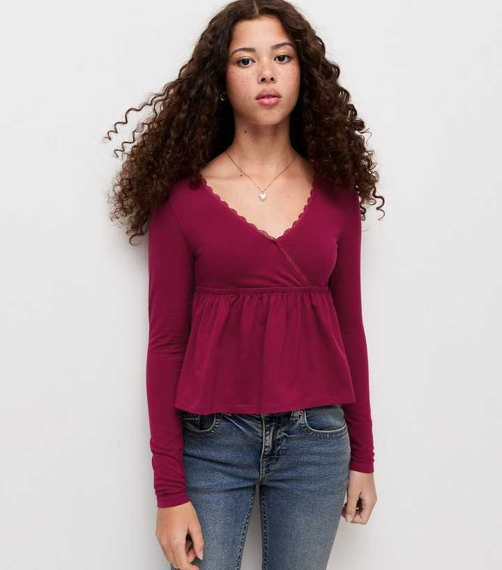Girls Dark Burgundy Cotton Rich Long Sleeve Wrap Top