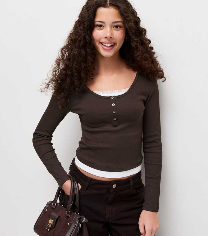Girls Dark Brown Cotton Rich Layered Lace Trim Henley Top