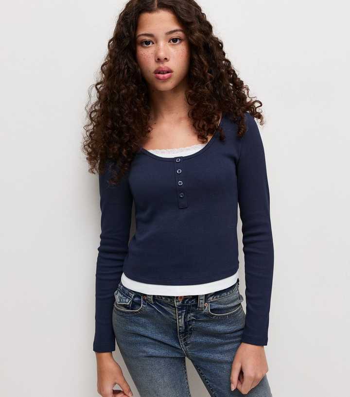 Girls Navy Cotton Rich Layered Lace Trim Henley Top