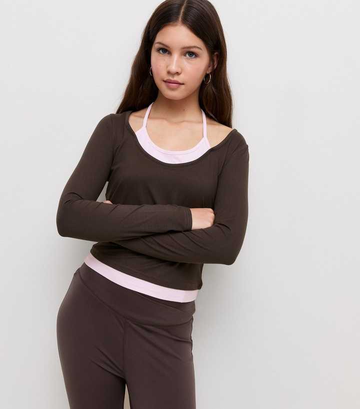 Girls Dark Brown 2 In 1 Halterneck Long Sleeve Top