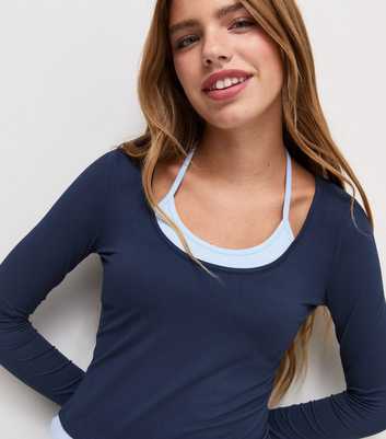 Girls Navy 2 In 1 Halterneck Long Sleeve Top