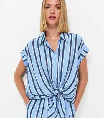 Blue Striped Tie Front Short Sleeve Shirt