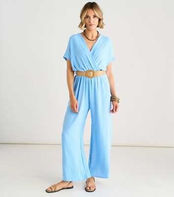Gini London Light Blue Belted Short Sleeve Jumpsuit