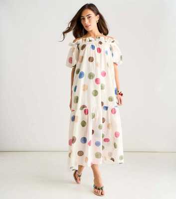 Gini London Cream Polka Dot Puff Sleeve Maxi Dress
