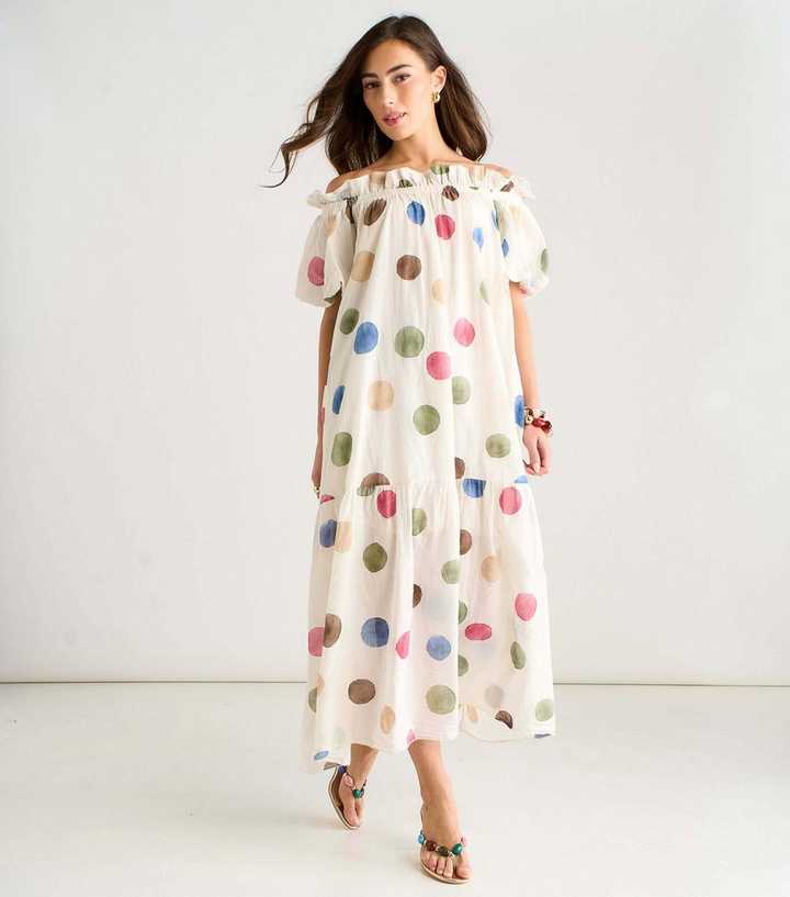 Gini London Cream Polka Dot Puff Sleeve Maxi Dress