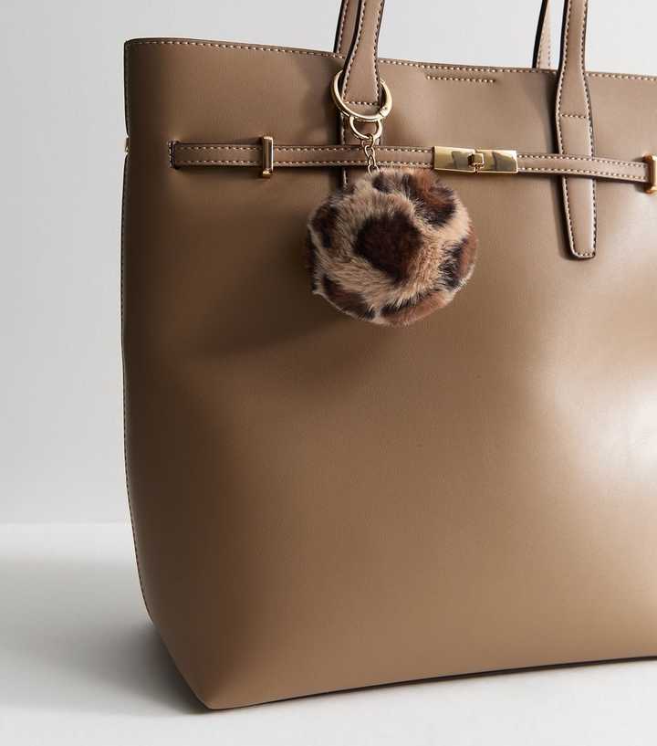 Brown Fluffy Leopard Print Pom Pom Bag Charm