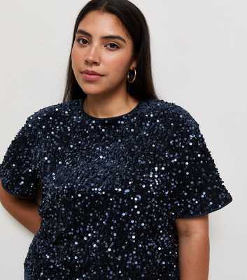 Curves Navy Velvet Sequin T-Shirt