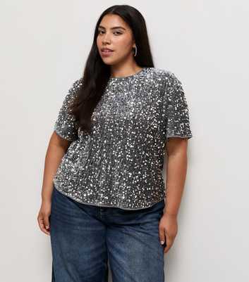 Curves Silver Velvet Sequin T-Shirt