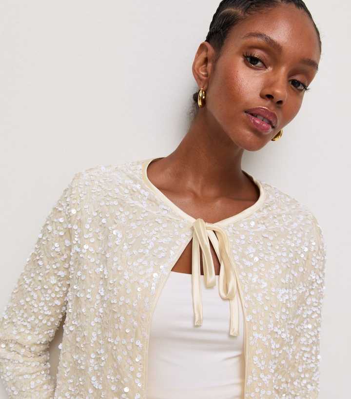 Cream Sequin Front Tie Jacket