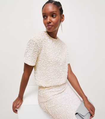 Cream Sequin Velvet Short Sleeve Top
