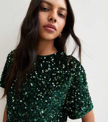 Dark Green Sequin Velvet Short Sleeve Top