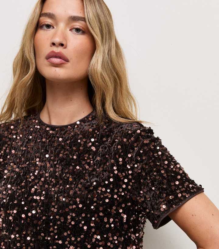 Tall Dark Brown Velvet Sequin Short Sleeve Top