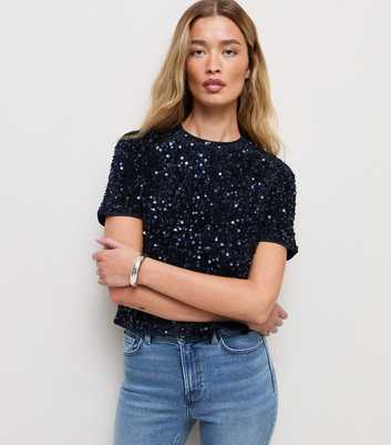 Tall Navy Velvet Sequin Short Sleeve Top
