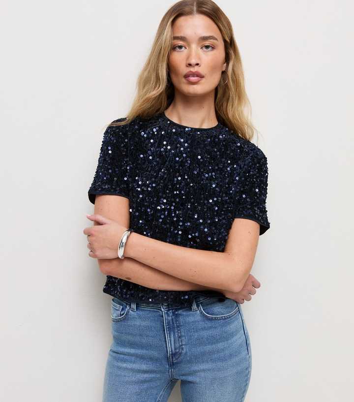 Tall Navy Velvet Sequin Short Sleeve Top