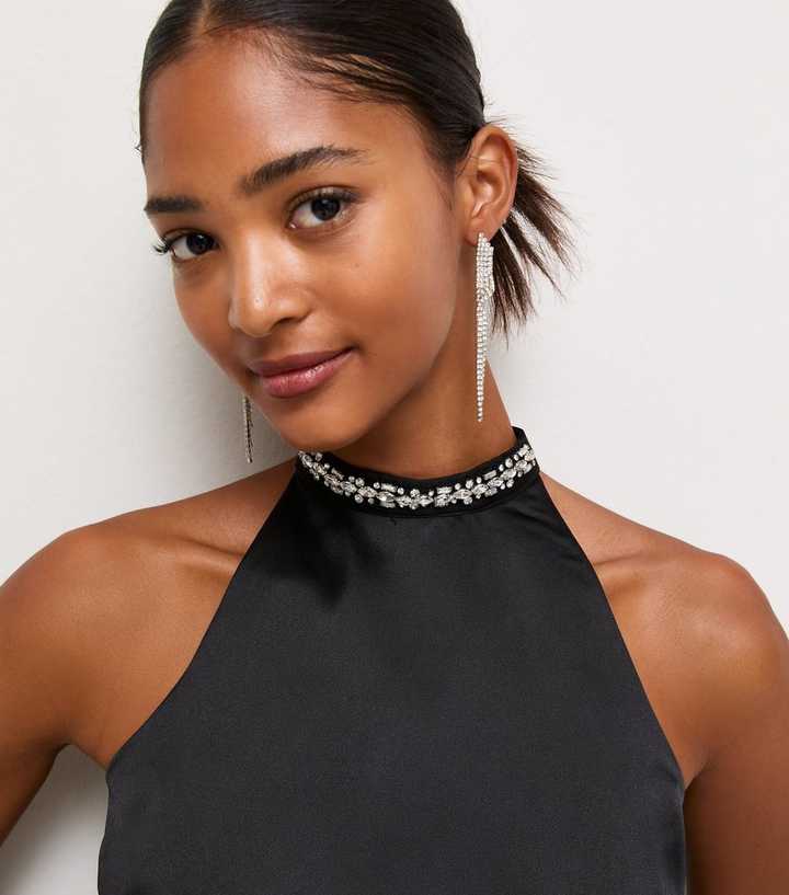 Black Satin Embellished Halter Neck Top