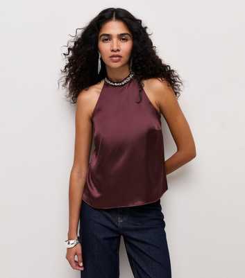 Dark Burgundy Satin Embellished Halter Neck Top