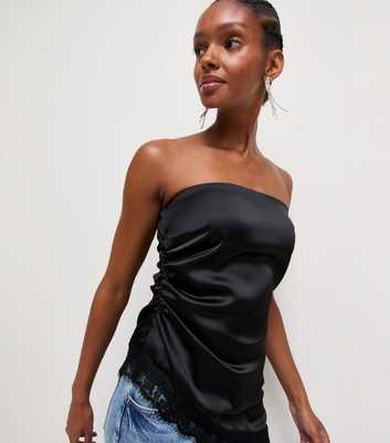 Black Satin Lace Asymmetric Hem Strapless Top