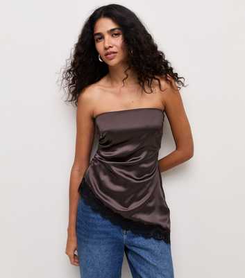 Dark Brown Satin Lace Asymmetric Hem Strapless Top