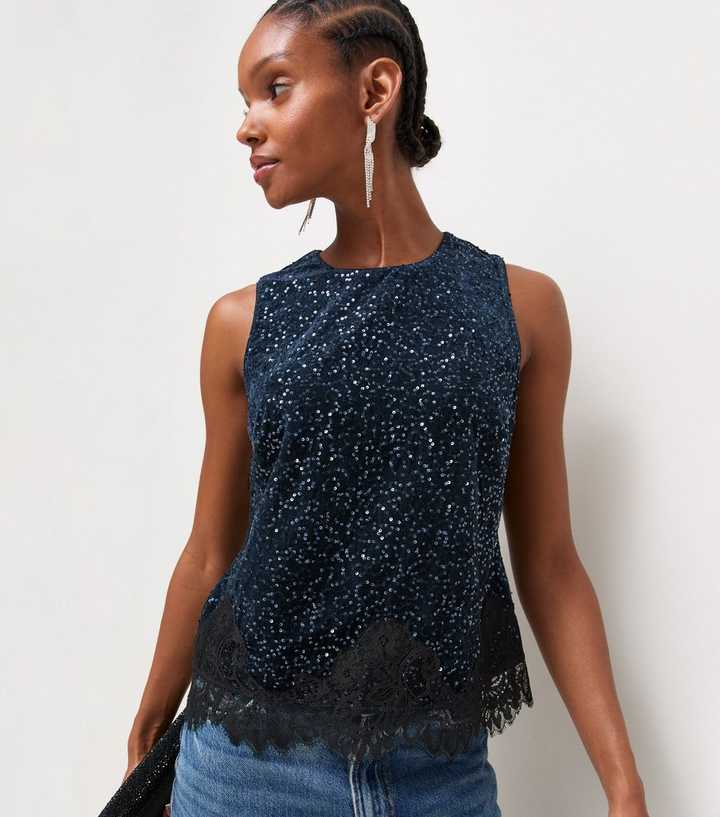 Navy Sequin Lace Trim Sleeveless Top