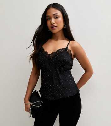 Petite Black Lace Trim Gem Embellished Cami Top