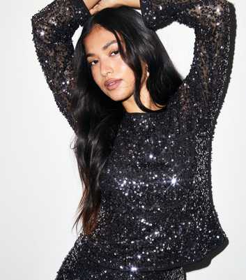 Petite Gunmetal Sequin Embellished Long Sleeve Top