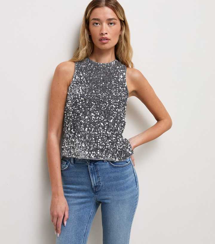 Tall Silver Sequin Sleeveless Top