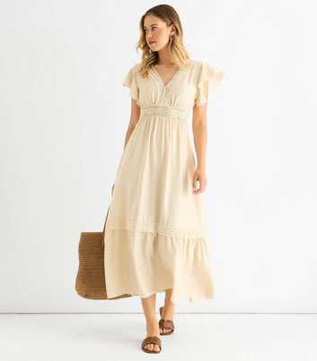 Gini London Oatmeal Lace Trim Midi Dress