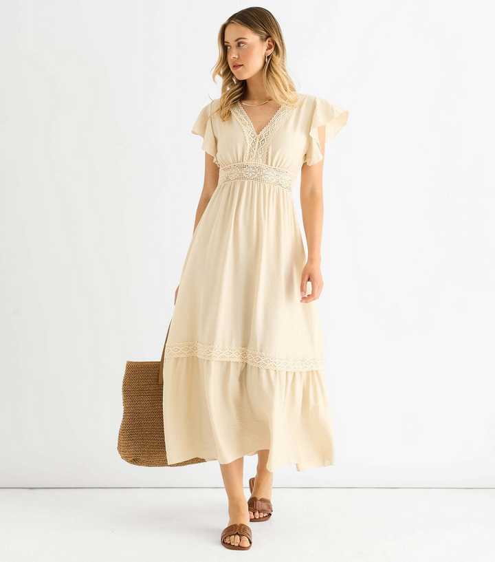Gini London Oatmeal Lace Trim Midi Dress