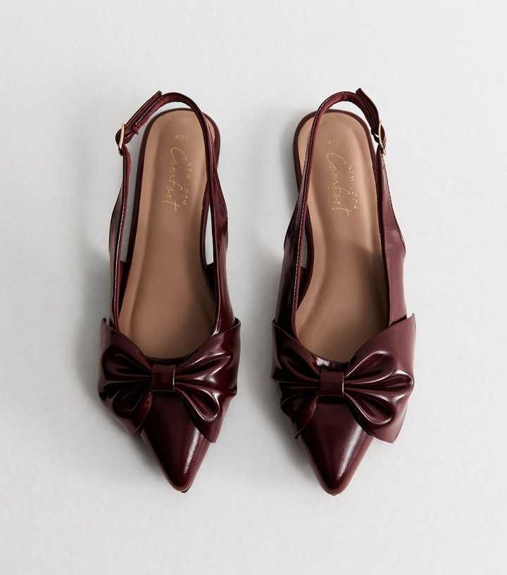 Dark Burgundy Faux Leather Bow Slingback Flats