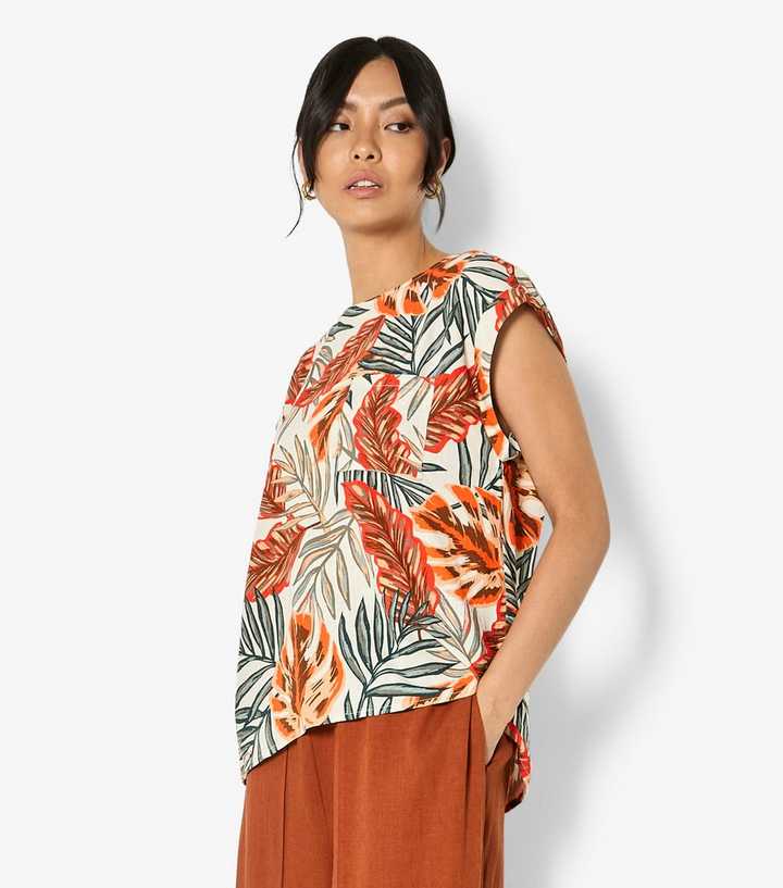 Apricot Black Banana Leaf Print Top