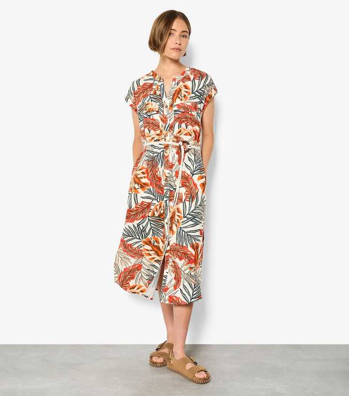 Apricot Black Banana Leaf Print Midi Dress