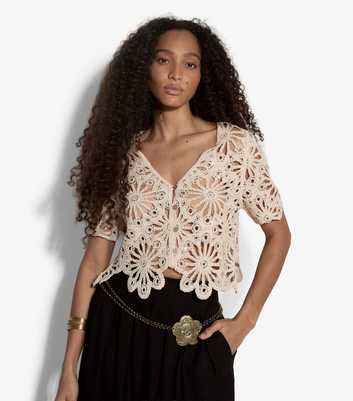 Apricot Cream Open Crochet Sequin Cardigan