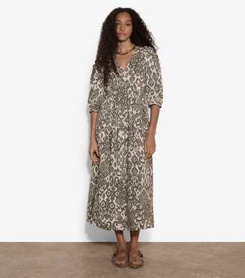 Apricot Light Khaki Tapestry Ikat Print Midi Dress
