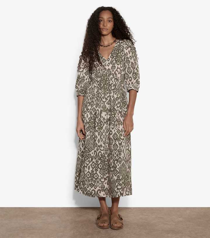 Apricot Light Khaki Tapestry Ikat Print Midi Dress