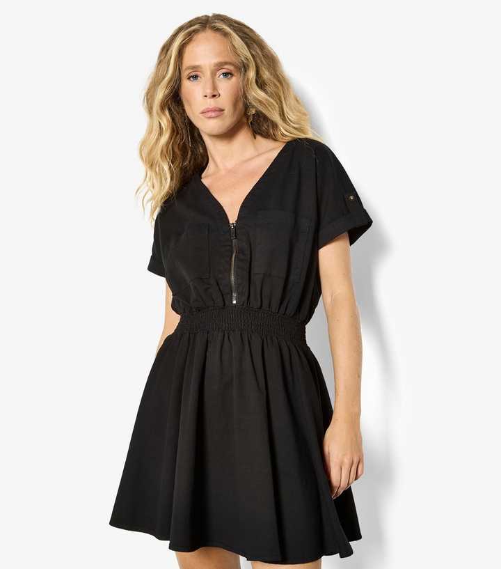 Apricot Black Zip Detail Flared Mini Dress
