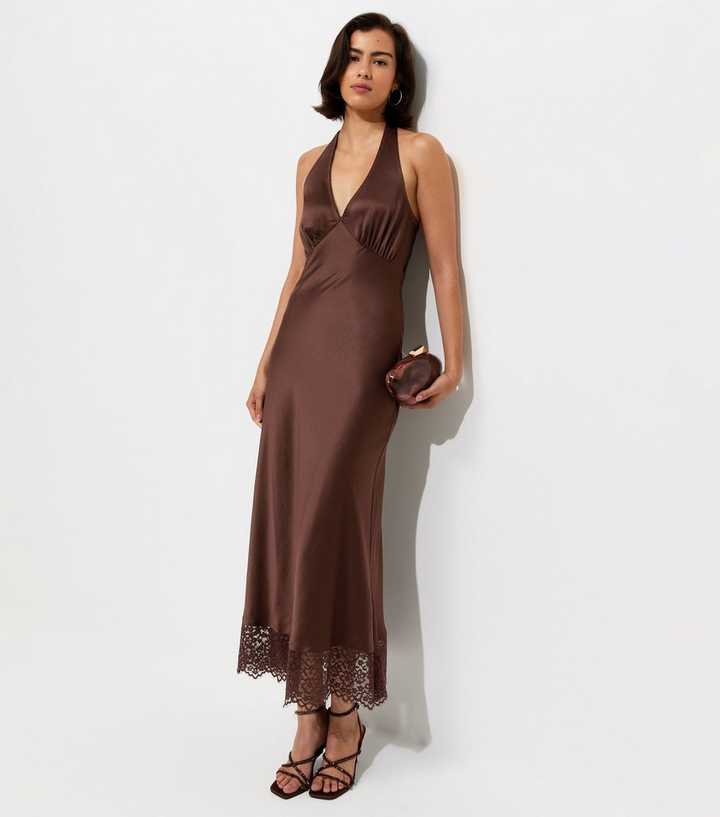 Dark Brown Satin Lace Trim Halteneck Midi Dress