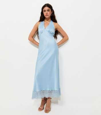 Light Blue Satin Lace Trim Halteneck Midi Dress