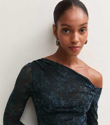 Navy Mesh Floral Off Shoulder Long Sleeve Top