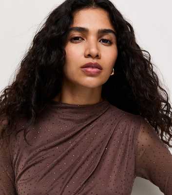 Dark Brown Embellished Draped Long Sleeve Bodysuit