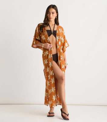 Gini London Orange Floral Lurex Tie Front Kimono Beach Cover Up