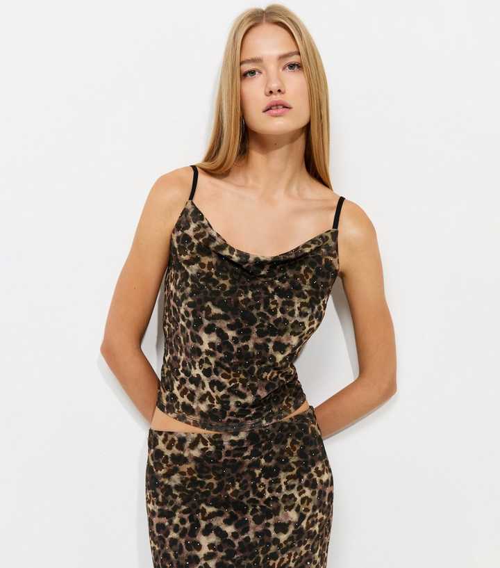 Brown Mesh Leopard Print Cowl Neck Cami Top