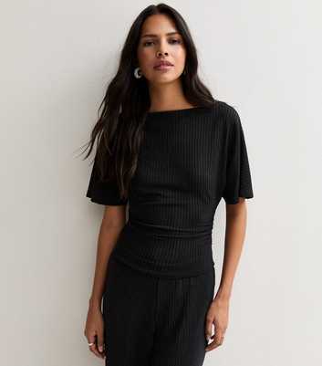 Black Jersey Metallic Stripe Rib Corset Waist T-Shirt