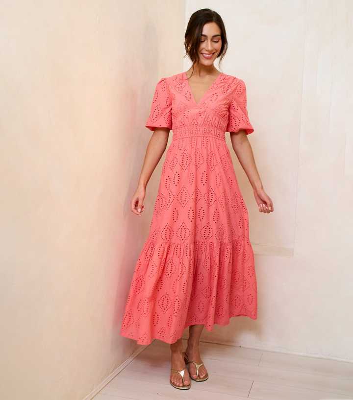 Gini London Light Coral Diamond Cut Work Broderie Dress
