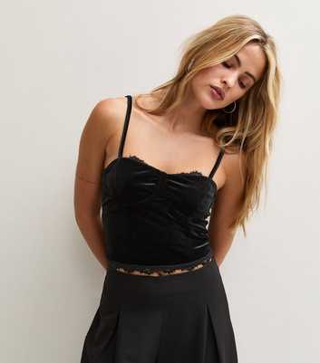 Black Velvet Lace Trim Corset Crop Top