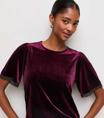 Dark Burgundy Velvet Lace Trim T-Shirt