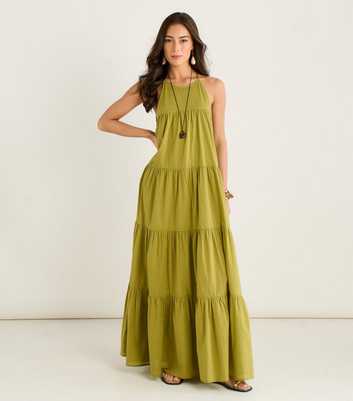 Gini London Light Khaki Halter Neck Tiered Maxi Dress