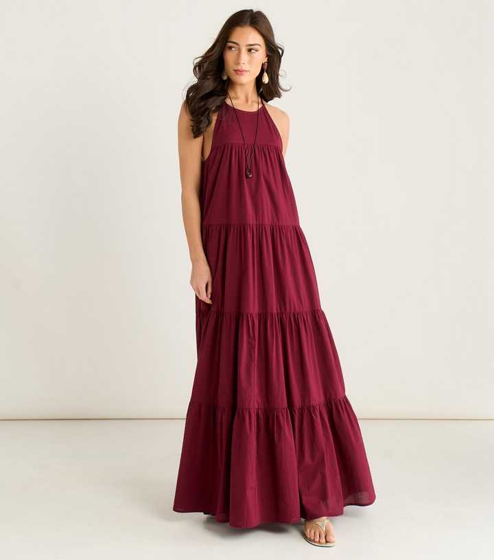 Gini London Burgundy Halter Neck Tiered Maxi Dress