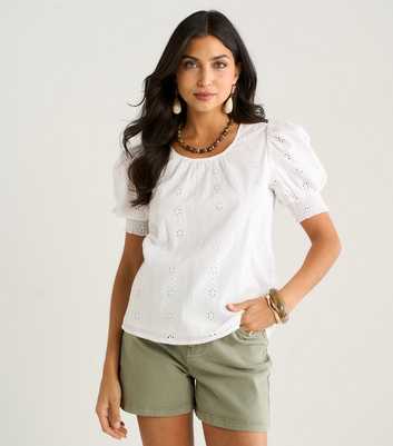 Gini London Cream Broderie Puff Sleeve Top