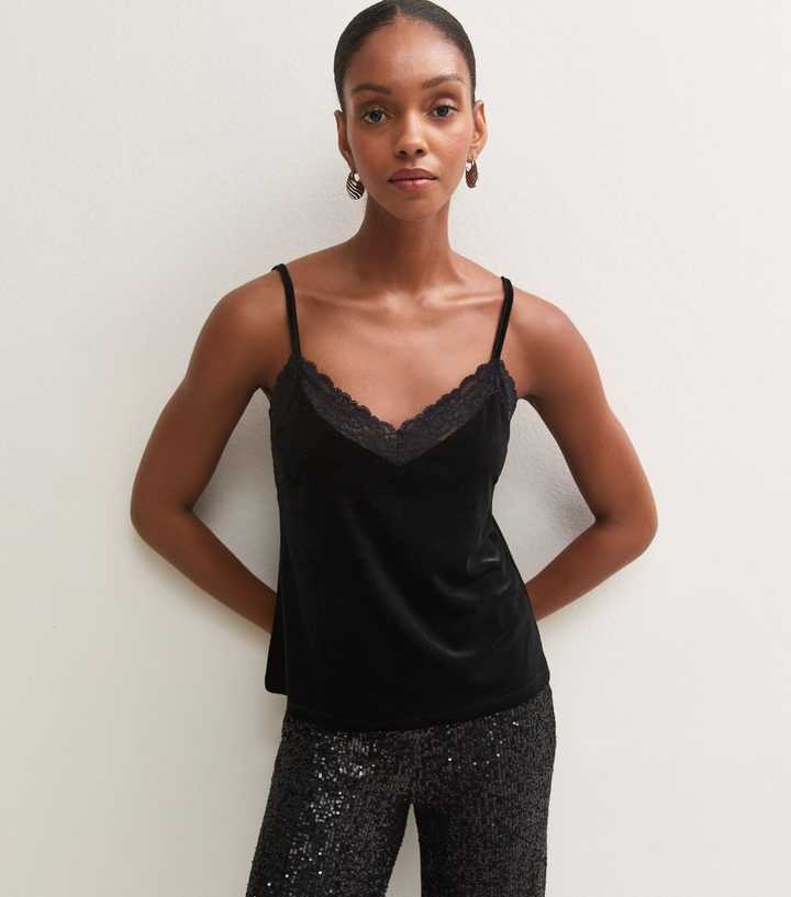Black Velvet Lace Trim Cami Top