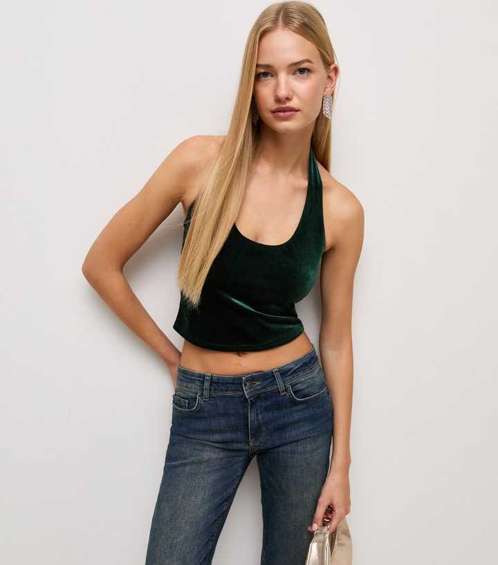 Dark Green Velvet Scoop Halter Neck Crop Top